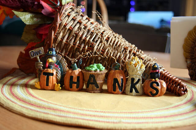 Picture of a cornucopia with a turkey that says "Give Thanks"