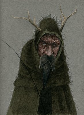 Drawing of Belsnickle, an old man with a bushy beard in a hooded cloak, holding small switches, with sticks on his hood that look like horns
