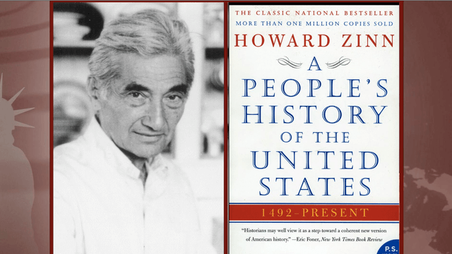 photo of Zinn, next to the cover of the book A People's History of the United States 