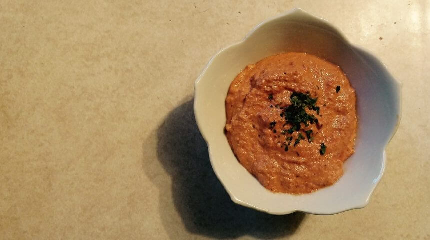 Dish of Red Pepper and Walnut dip from The Aleppo Cookbook.