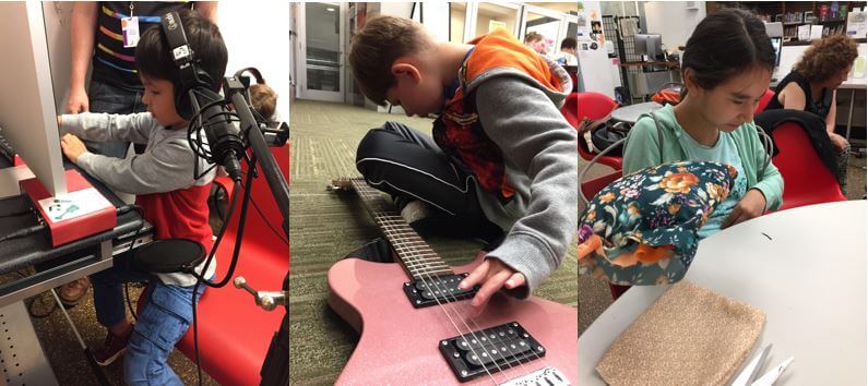 Three photographs arranged side-by-side. From left to right: a student records a song, a student strums a guitar sitting cross-legged on the floor, and another student holds up the pillow they've sewn