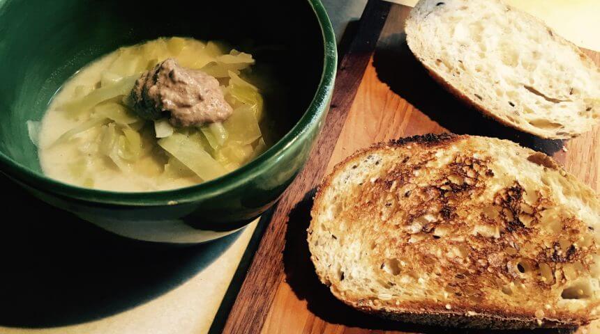 Toast and cabbage soup from Victuals cookbook.
