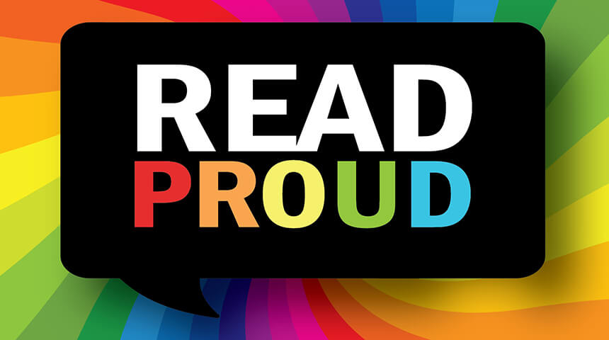 "Read Proud" thought bubble logo over rainbow background