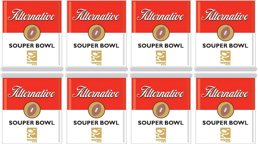 Rows of red and white Alternative Souper Bowl soup cans