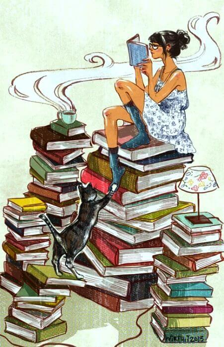 A woman reads a book while sitting on a stack of books with a cat at her feet, and a cup of coffee to her right