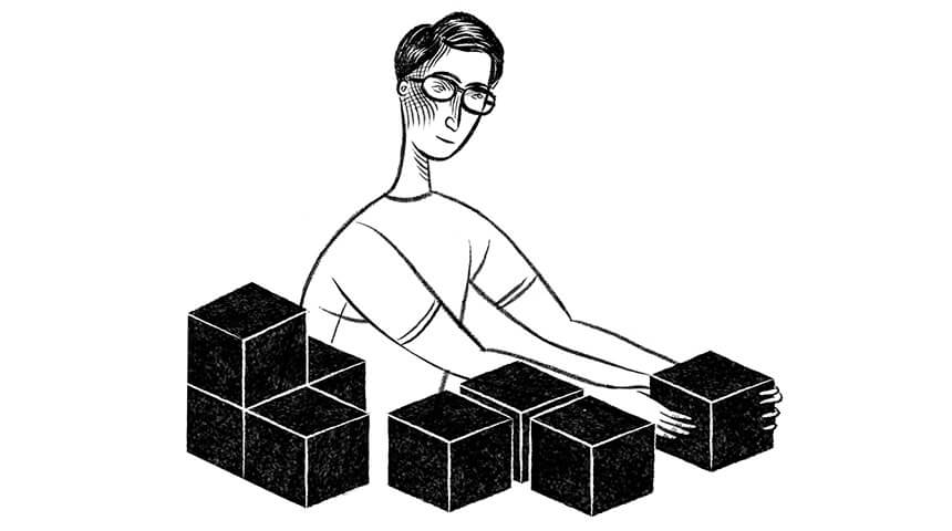 Illustration of a main wearing glasses arranging a collection of boxes.