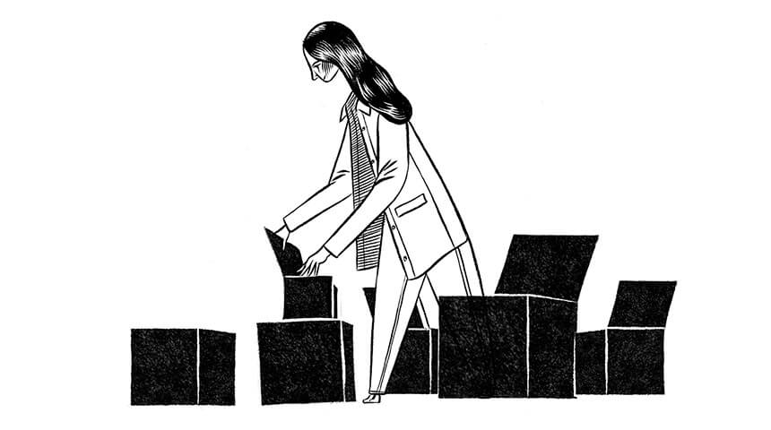 Illustration of a woman opening a collection of boxes.