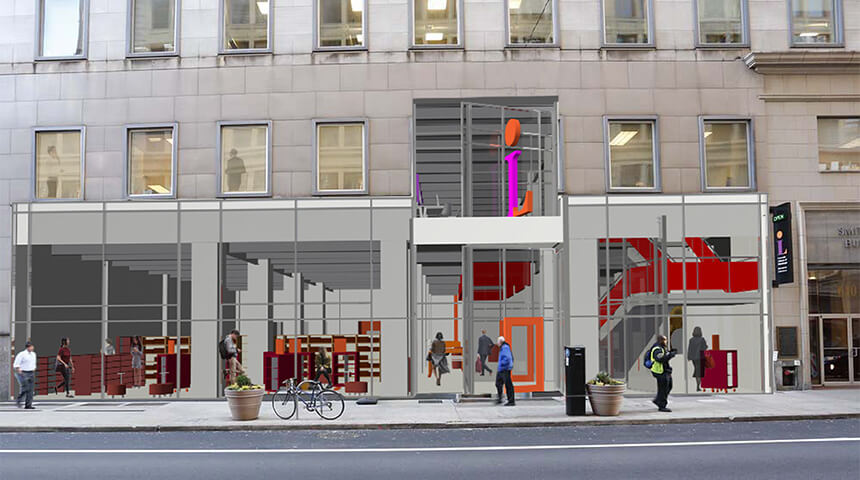 Architectural rendering of the proposed facade and entrance for the future renovation of CLP-Downtown