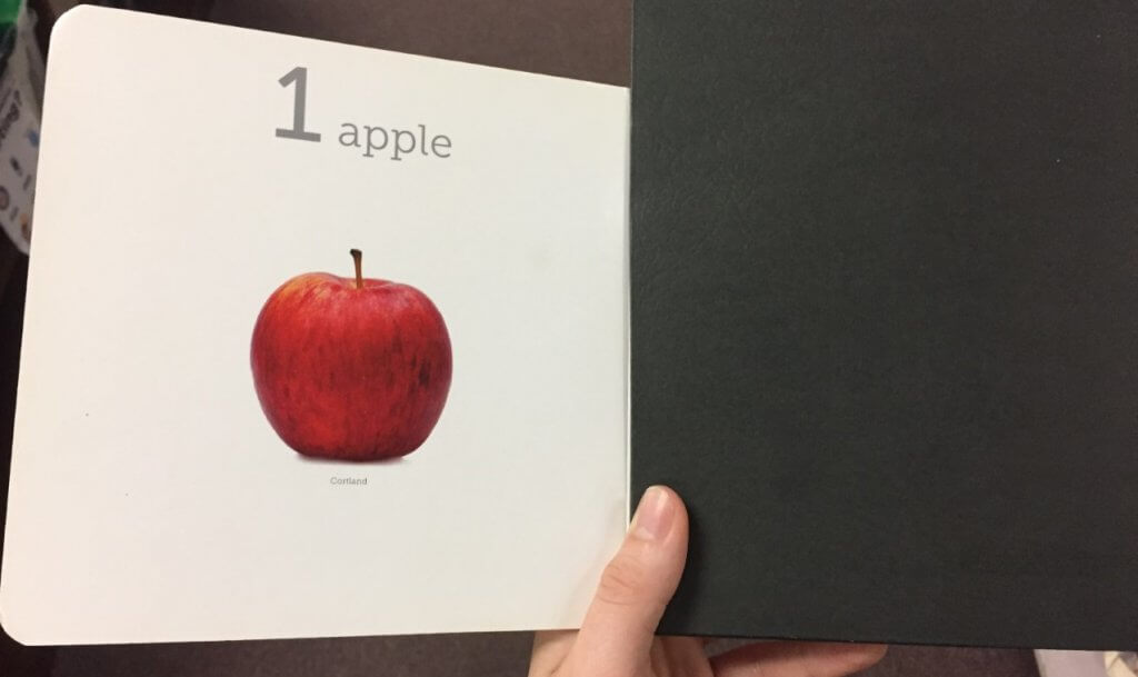 The book Edible Numbers open again to the page with apples, this time with a black piece of paper cover the more visually complex right-handed page, revealing a single red apple with the text, "1 apple."