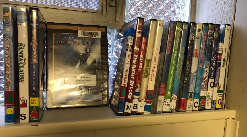 Collection of holiday-themed library DVDs.