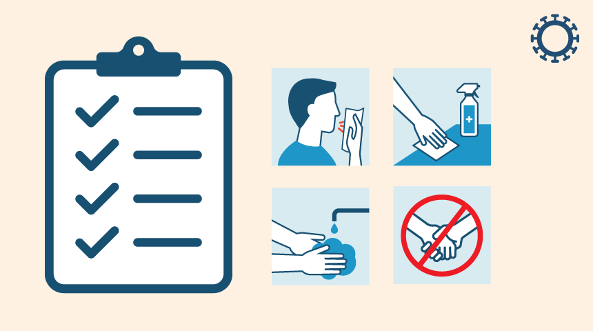 a graphic listing several tools for maintaining good hygiene, including using tissues and covering mouths when sneezing/coughing, wiping down surfaces, washing hands, and avoiding physical contact with others.