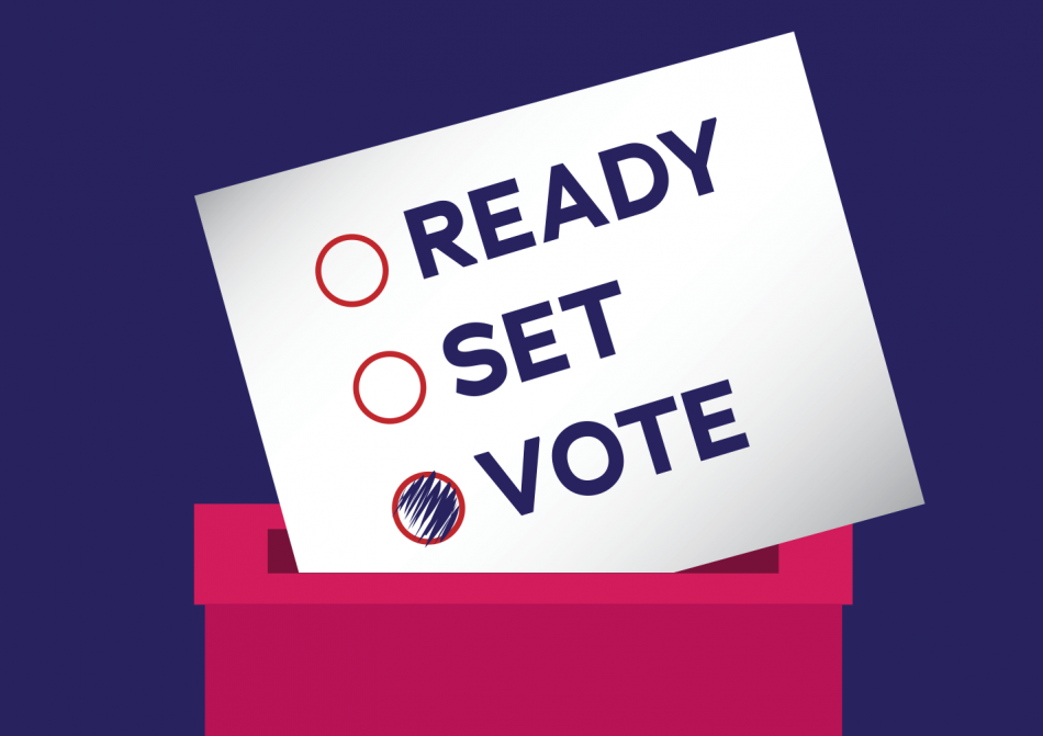 Graphic of a ballot box with a card saying "Ready, set, vote" going