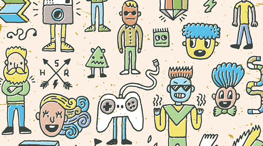 A variety of wacky illustrated characters including a video game controller with legs.
