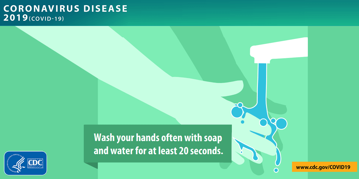 Graphic of washing hands with the caption: Wash your hands often with soap and water for at least 20 seconds.