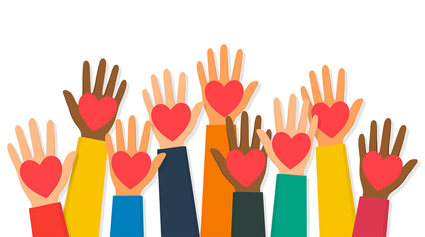 Array of multi racial raised hands with a heart in each palm.