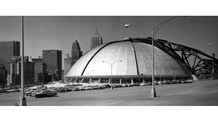 Black and white photo of Civic Arena from 1961.