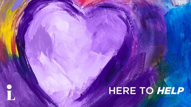 Painted image of a purple heart with the words "Here to Help."