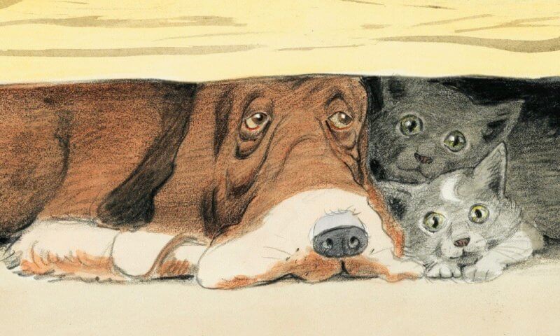 A colored pencil illustration of a brown hound dog and two gray kittens hideing underneath a wooden porch.