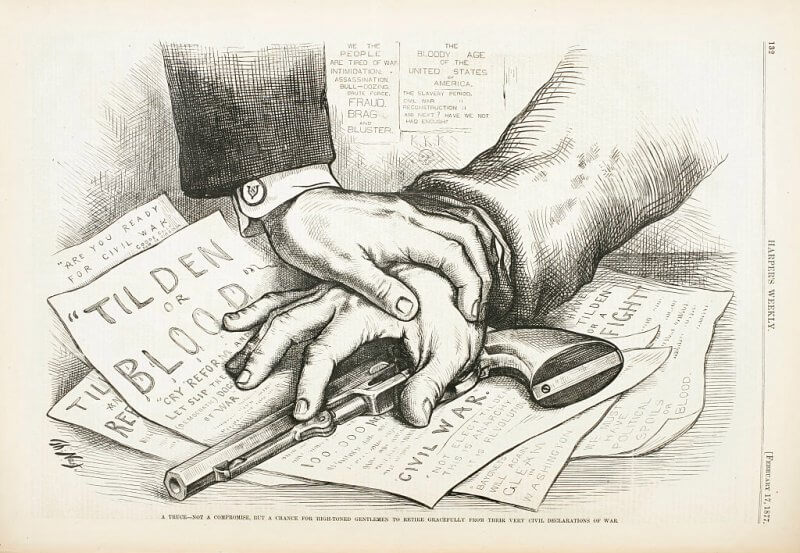 Political cartoon from Harper's Weekly showing two hands holding down a revolver 