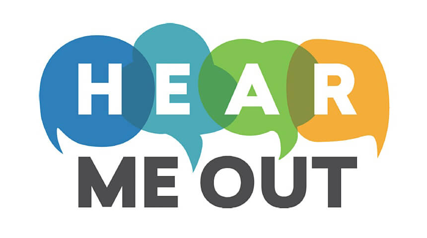 "Hear Me Out" text with the "Hear" in colored thought bubbles