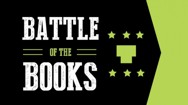 The words, "Battle of the Books" in bold next to a "T" bordered by stars.