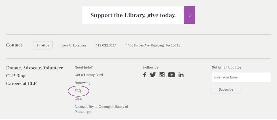 Screen shot of footer of carnegie library.org, highlighting the word FAQ