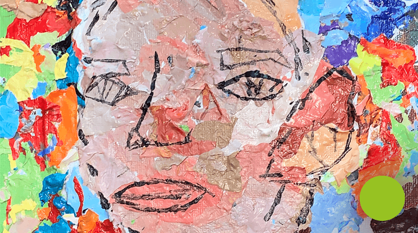 Detail from 2020 Teen Media Award-winning collage of a face surrounded by rainbow colors.