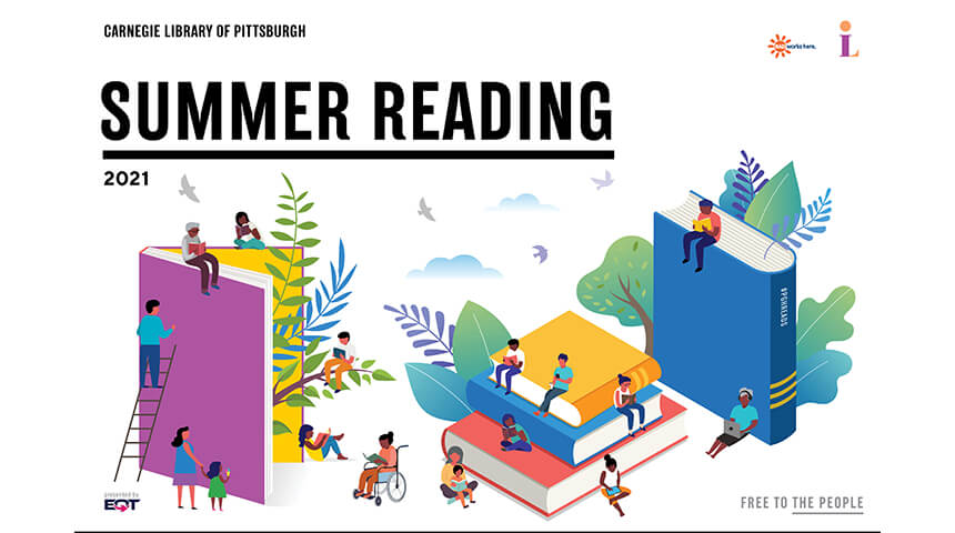 Illustration of people of various ages surrounding large books with text reading "Summer Reading 2021."