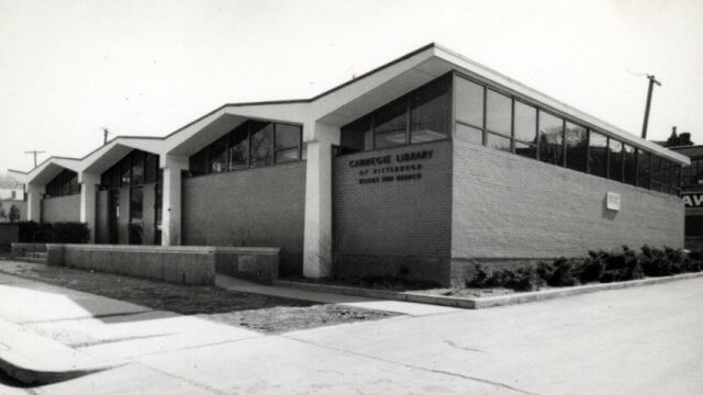 Black and white photo of the exterior of CLP - Woods Run in 1964