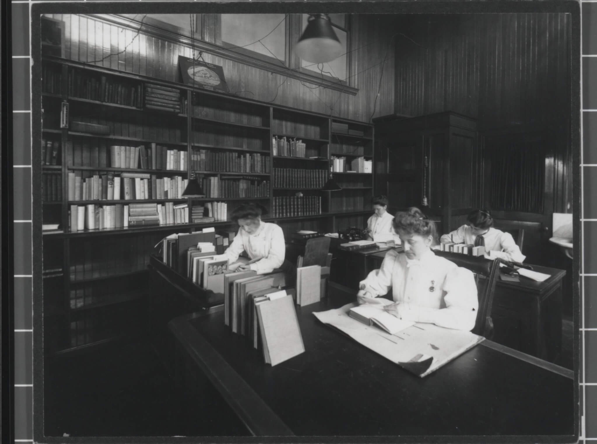 re-touched black and white photograph, cataloging room, Allegheny, 1890