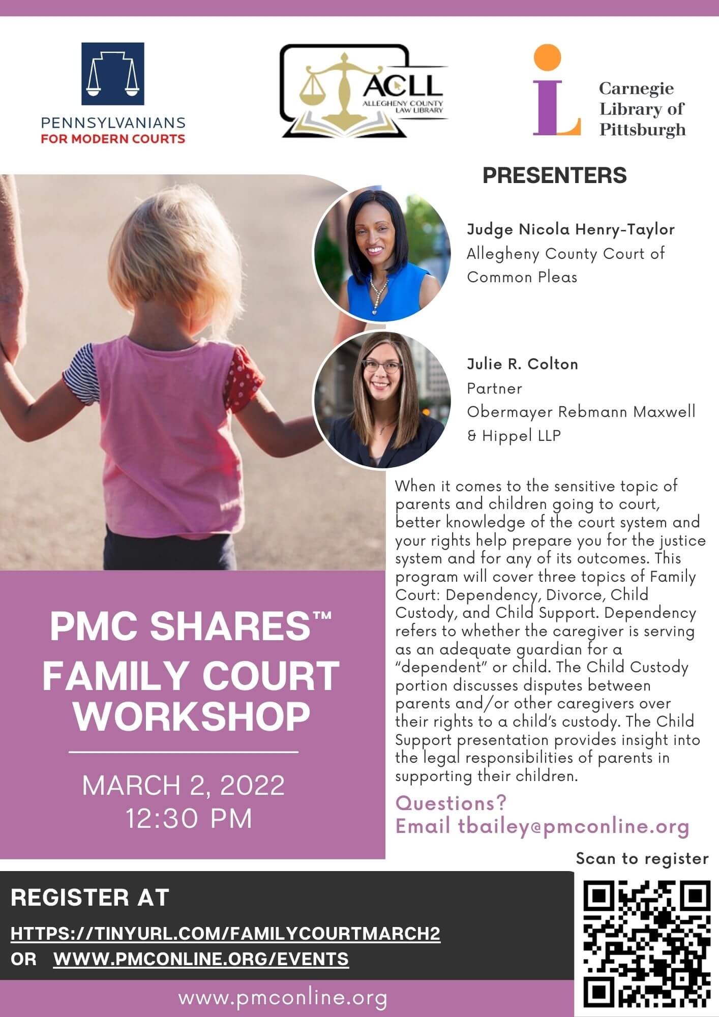 Flyer for PMC Shares Family Court Workshop on March 2, 2022.