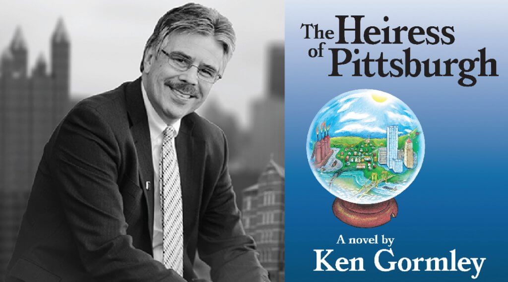 Black and white headshot of Ken Gormley next to cover of his book, The Heiress of Pittsburgh