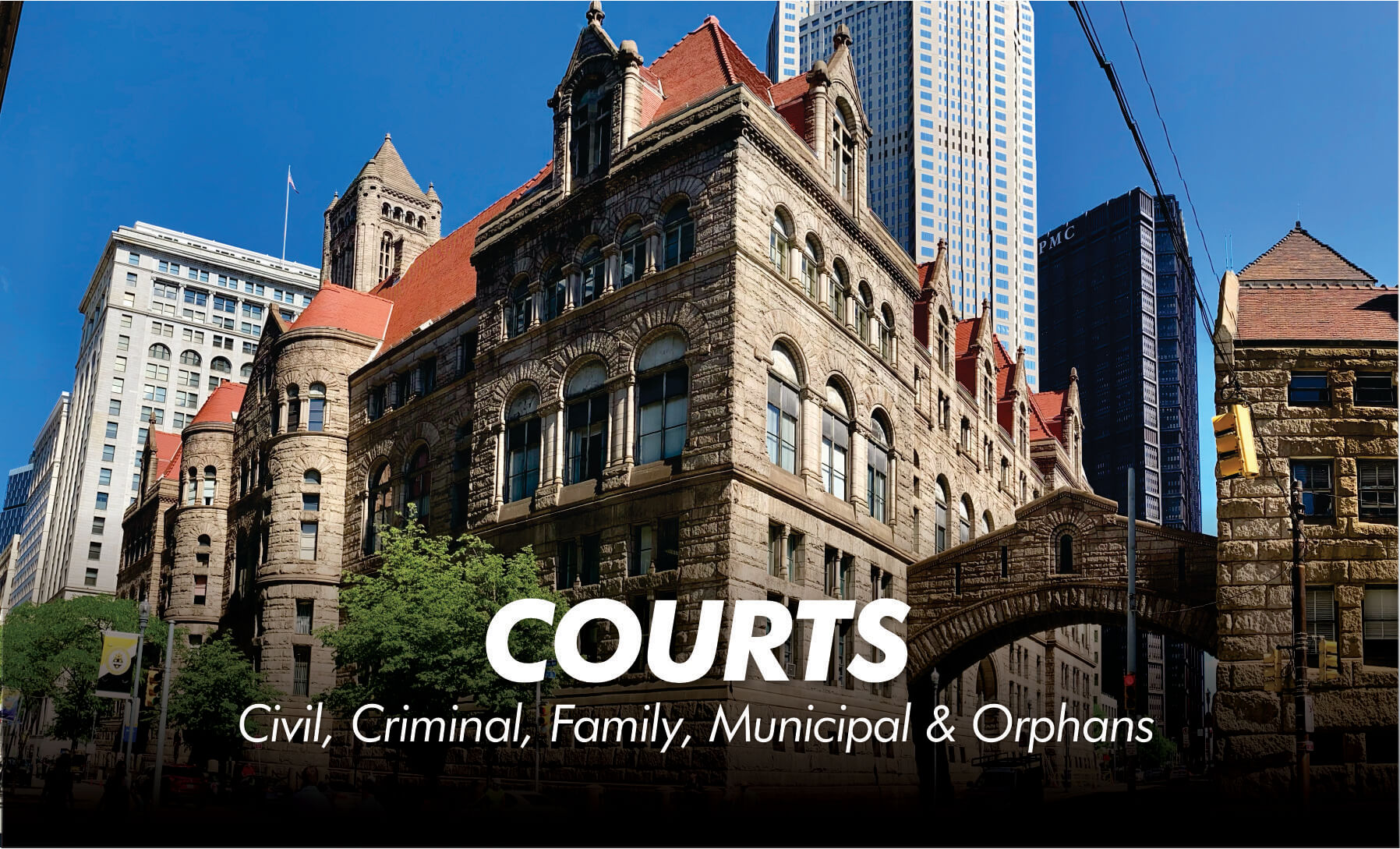 Texting reading "Courts: Civil, Criminal, Family, Municipal & Orphans against a photo background of the old Allegheny County courthouse.
