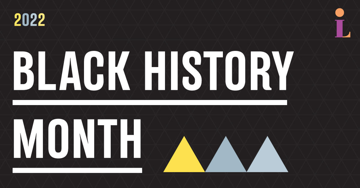 Yellow and gray triangles on black background with text: "2022 Black History Month."