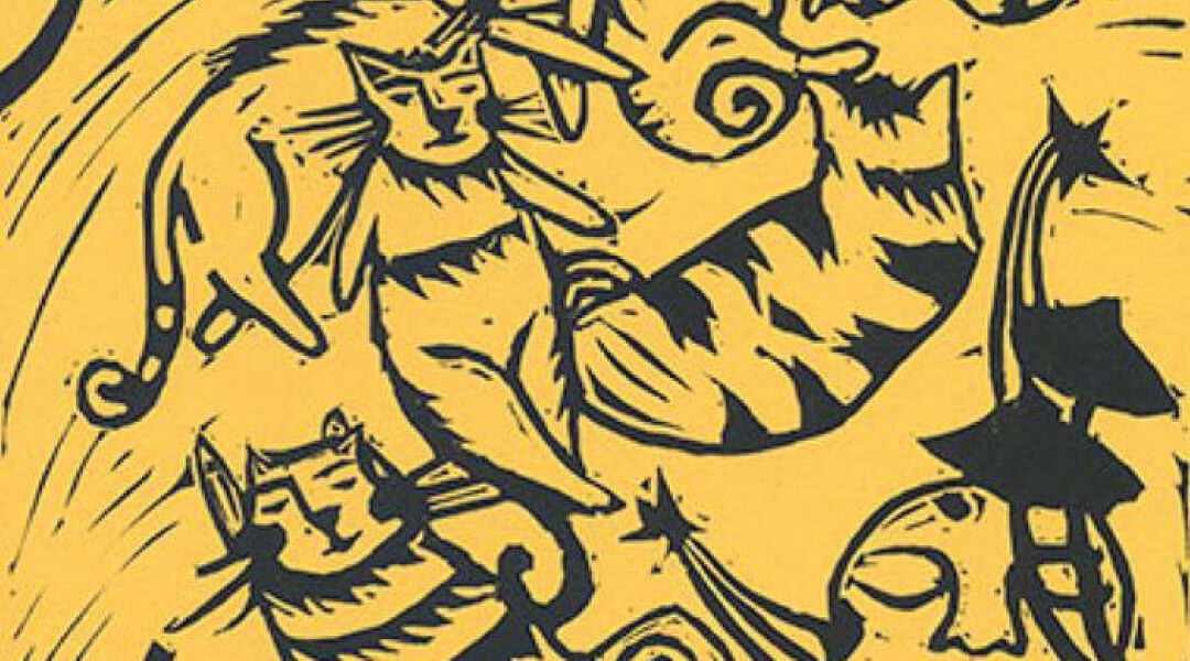 Yellow and gold ink print design of wild cats.