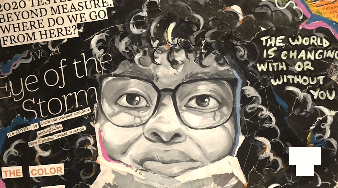 Detail from “Portraits of Truth” by Mackenzie Sing, the 2021 Ralph Munn Creative Writing Anthology cover art award winner.