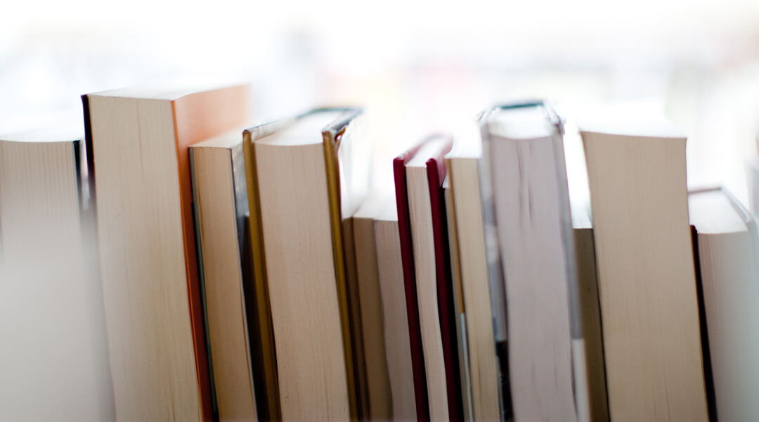 Close-up of a row of books on a shelf.