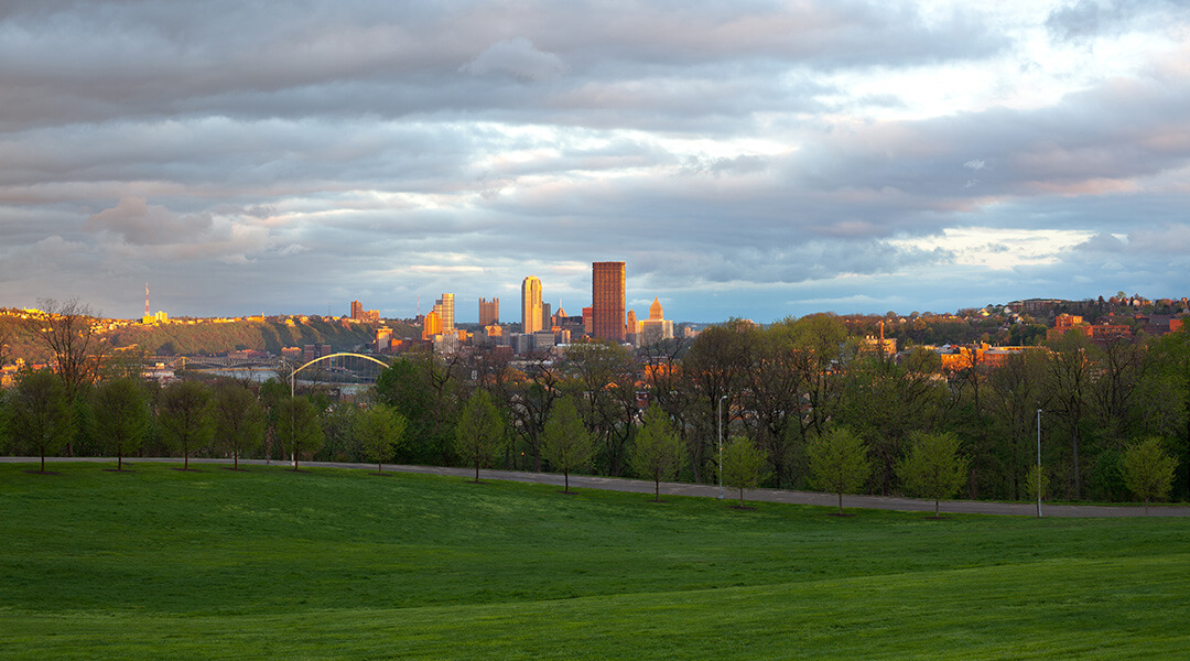 A view of dowtown Pittsburgh as seen from a city park.