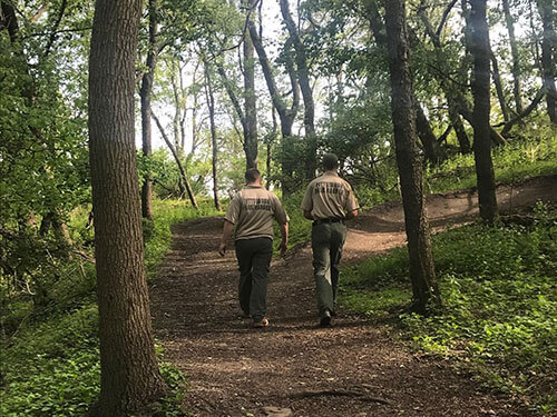 Two park rangers walk along an unmarked wooded trail.