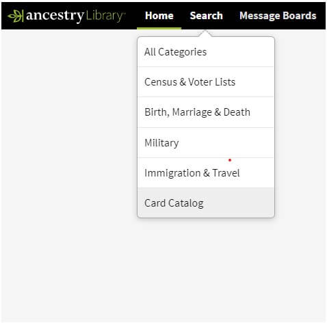 Screen shot of Ancestry.com with a search bar drop down menu