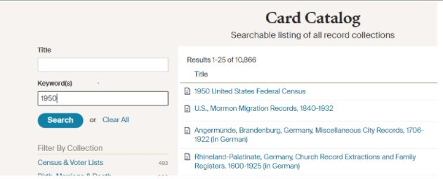 Screen shot of Ancestry.com card catalog