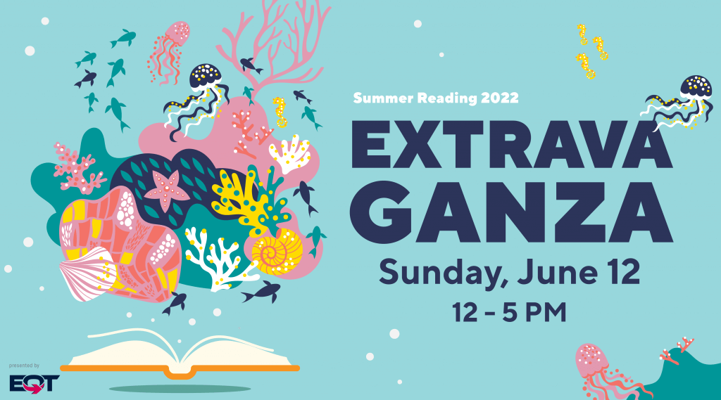 Open book with sea life, coral and bubbles with text reading: Extravaganza Sunday June 12, 12 - 5 pm