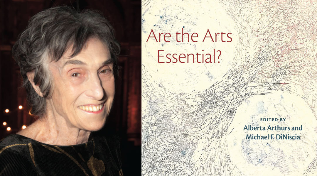 Headshot of Alberta Alberts next to book cover, Are the Arts Essential?
