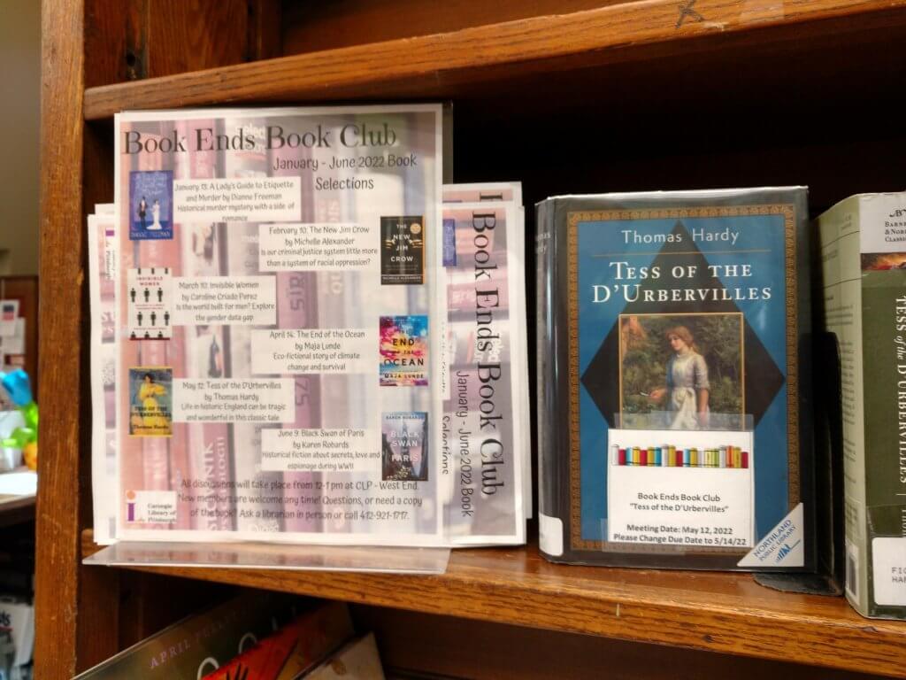 Tess of the D'Urbervilles in on display, along with a list of book club selections for January - June 2022.