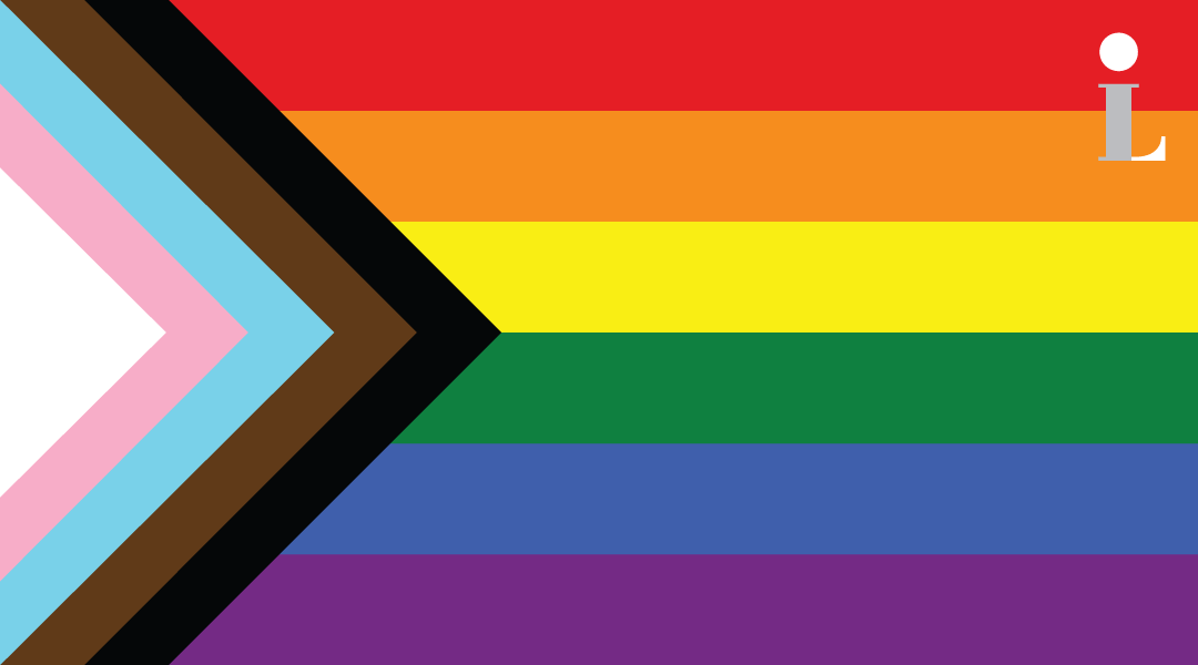 Pride flag featuring colors for the LGBT, trans and BIPOC community with the CLP logo in the upper right hand corner.
