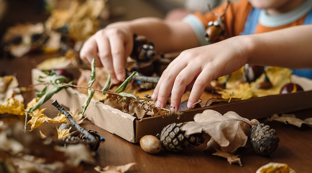 The hands of a child crafting with fall leaves, sticks, pine cones and acorns.