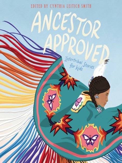 Blue book cover of a cartoon drawing of an Indigenous woman with her arms spread as if dancing