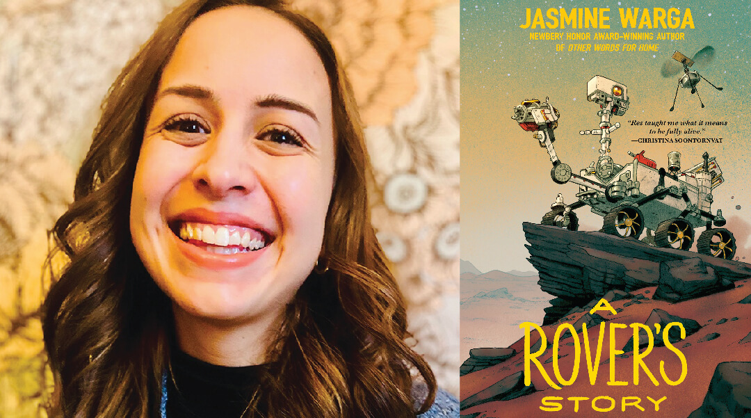 Headshot of author Jasmine Warga next to cover of her book, A Rover's Story.