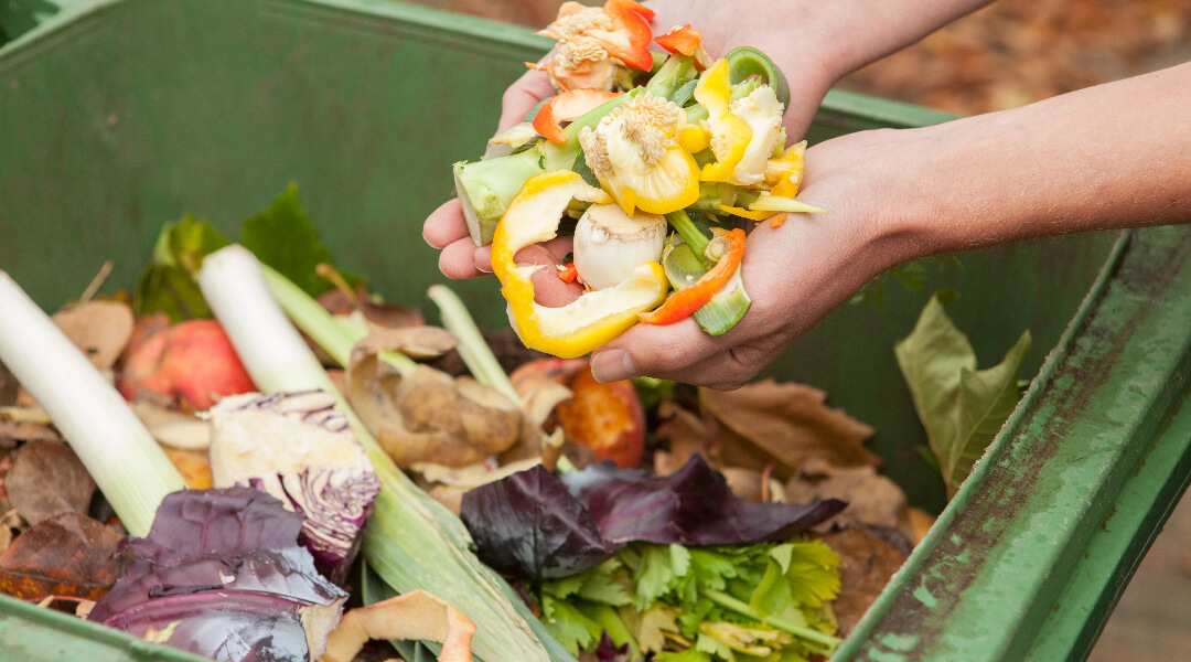 A person dumps two handfuls of vegetable scraps into a compost bin.