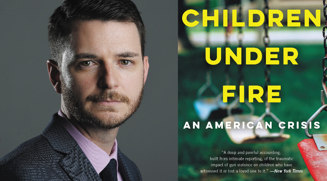 Headshot of John Woodrow Cox next to cover of his book, Children Under Fire